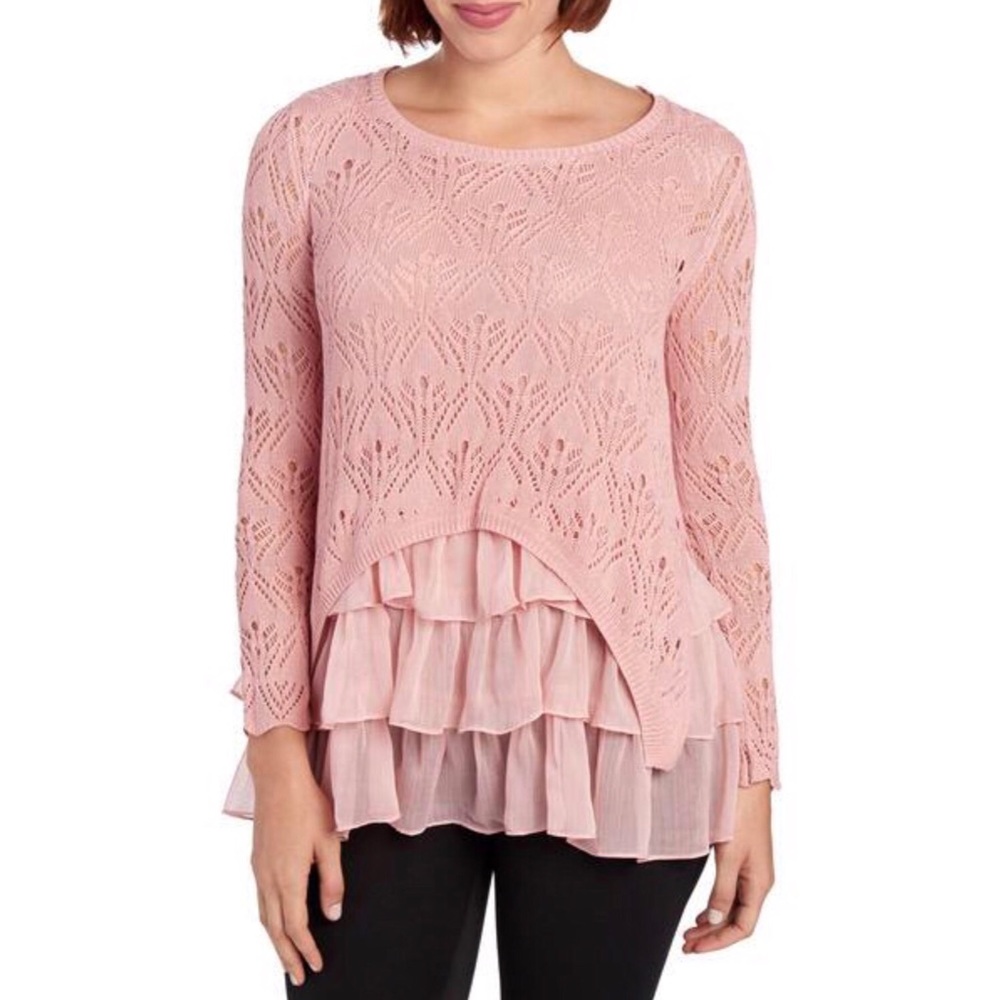 Pointelle knit layered ruffle sweater